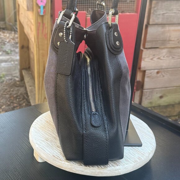 COACH EDIE 31 HORSE AND CARRIAGE JACQUARD CANVAS LEATHER SHOULDER BAG BLACK GREY - Picture 7 of 15